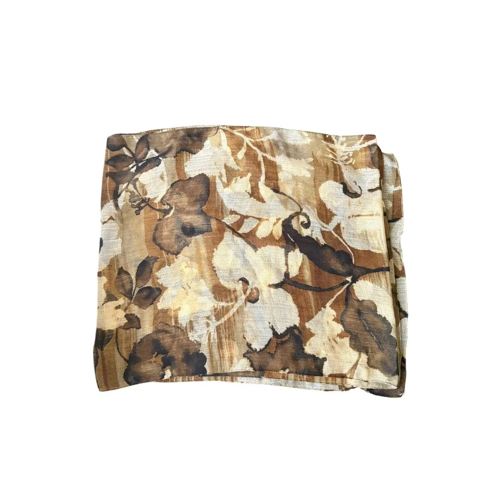 Womens Brown Beige Floral Oblong Scarf Lightweight Sheer 58x12 Boho